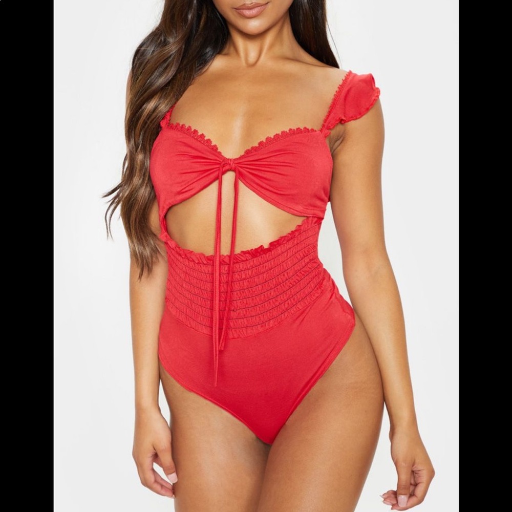 Prettylittlething red shirred grill edge bodysuit